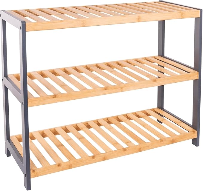 Vencier Bamboo Shoe Rack Natural – Easy Assembly & Strong Design Stand Shelf Organizer Ideal for Corridor, Bedroom, Bathroom, Hallway & Small Spaces, Large Capacity (Natural/Grey, 3 Tier)
