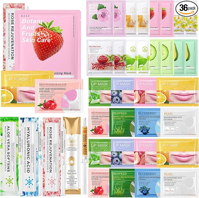 Face Masks Skincare Set Teenage Girls Gift Sets 36 Pcs Pamper Gifts for Women,Moisturize,Soothe,Hydrate Face Mask Set,Christmas Stocking Stuffers ( Face Masks, Eye Patches, Lip Masks, Face Essense)
