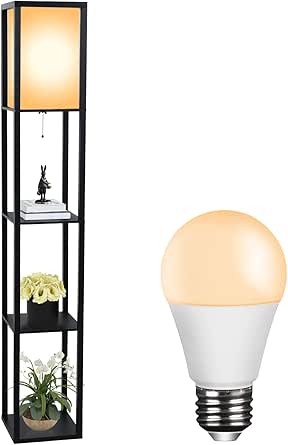 PULUOMIS Floor Lamp with Shelves, 3 Tier Storage Standing Lamp with 8W LED Bulb, Modern Shelf Floor Lamp for Living Room and Bedroom, Black[Energy Class F]