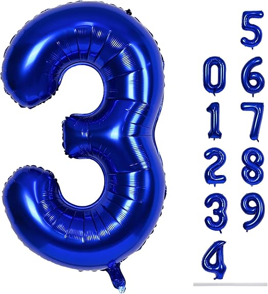Navy Blue Number 3 Balloon, 40In Large Dark Deep Blue Foil Number Balloons Set 0-9 for Women, Self Inflating Blue Digital 3 Helium Balloon for Boys 3rd Birthday Party Decorations Supplies