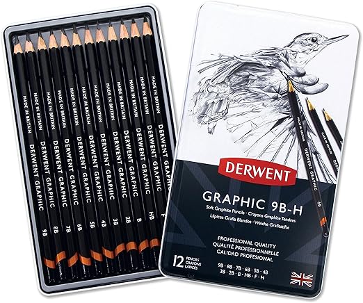 Derwent Set of 12 Graphic Pencils in Soft Degrees 9B-H, Professional Quality Graphite For All Artists – Beginners & Professionals, Suitable For Sketching, Drawing, Shading, Drafting and Illustrations