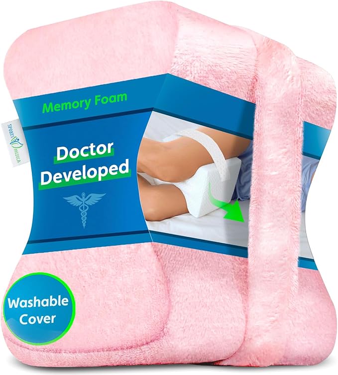 Sports Medica Ergonomic Knee Pillow - Memory Foam Leg Cushion for Sleeping on Side - eHandbook Included - for Lower Back, Knees, Hips, and Pregnancy Ache