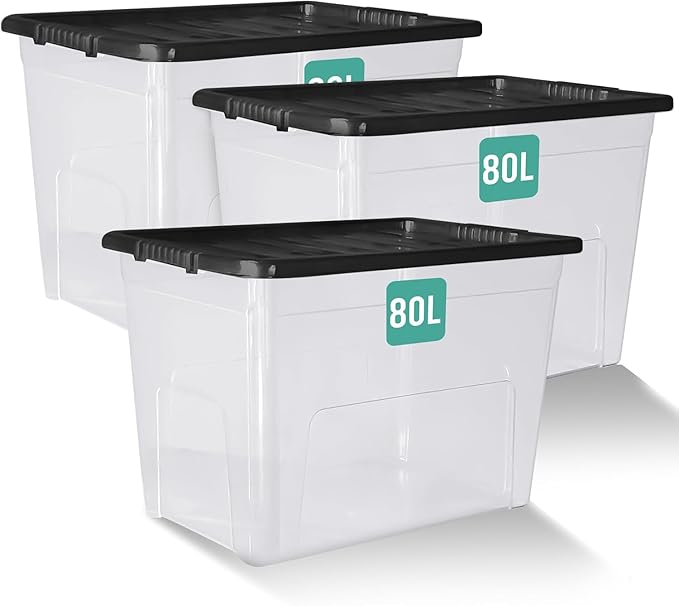 3 x 80 Litre Large Plastic Storage Boxes With Lids - Heavy Duty Stackable 80L Large Storage Box With Lid, Big Plastic Containers For Home, Moving, Garage (3 x 80L - Black Lid)