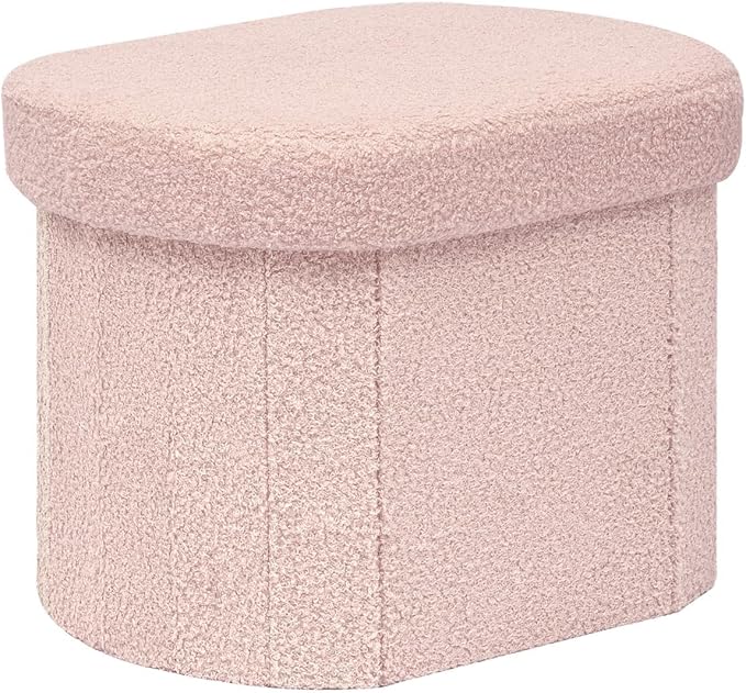 Bonlife Small Ottoman Storage Stool, Oval Folding Boucle Footstool, Foldable Foot Rest, for Living Room, Bedroom, Dorm,41x31x31cm,Pink