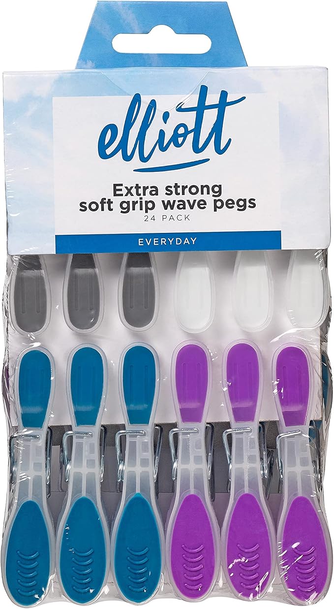 Elliotts Extra Strong, Soft Grip and Non-slip Wave Design Clothes Pegs, 24 Pack in Assorted Colours, BPA Free Laundry Pegs ideal for everyday use for Indoor or Outdoor use