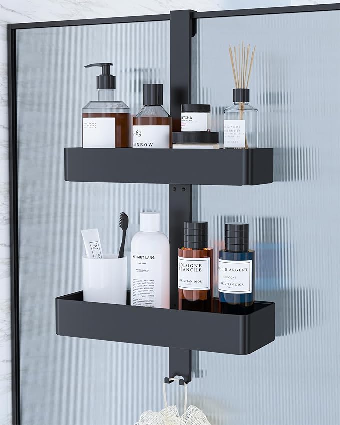Kitsure Shower Caddy - 2-Tier Over Door Bathroom Accessory Hanging, Drill-Free & Rustproof Bathroom Shelves, Versatile Bathroom Shelf for Shampoo, Towel, Squeegee, 29.1cm×11.2cm×55.3cm, Black