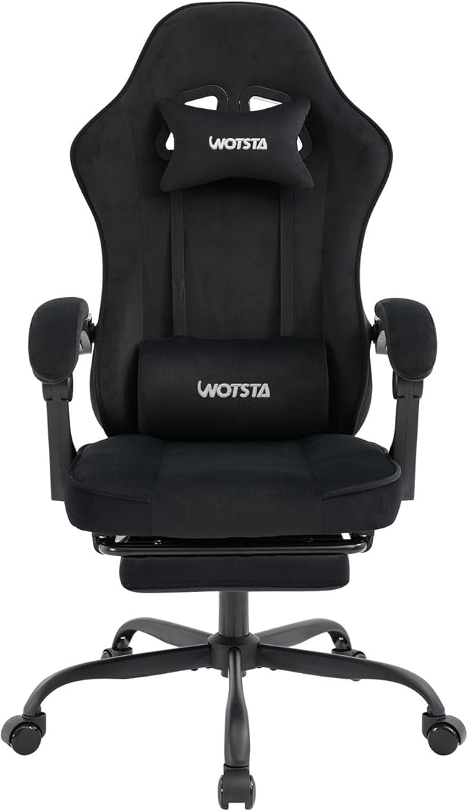 Gaming Chair for Adults, Ergonomic Gaming Chair with Footrest, Lumbar Support and Headrest, Adjustable Height computer chairs gaming, fabric gamer chair for Home Office, Black