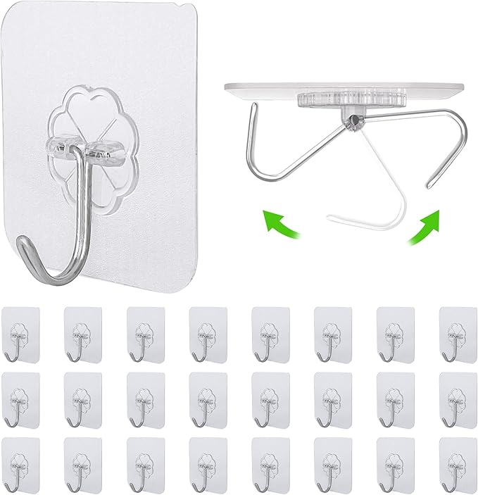 24 PCS Self Adhesive Hooks - 15kg/33lb Max, Transparent Sticky Hooks for Hanging, Heavy Duty Wall Hooks Stick on for Hanging Coat, Towel, Picture, Keys, Wreath - Christmas Light Hooks