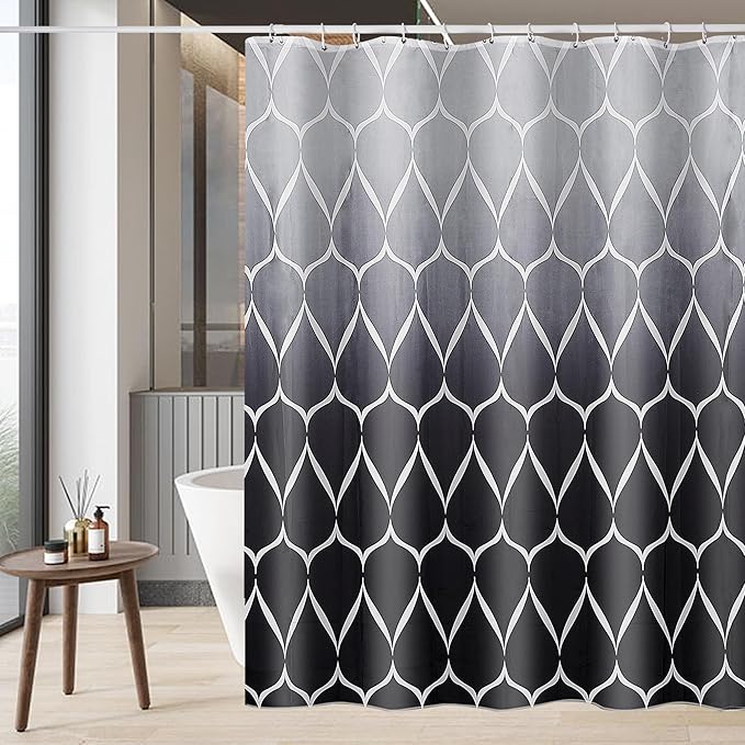 GERUIKE Weighted Shower Curtain 180 x 200 cm, Waterproof Anti-Mould Textile 130GSM Polyester Fabric, Machine Washable with 12 Rings & Grey Black Gradient Wave Pattern