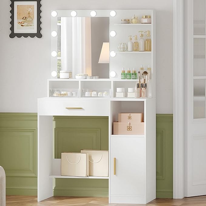 Hzuaneri Dressing Table with Mirror and 10 Bulb Lights, Vanity Table, Makeup Vanity with 3 Shelves & 4 Open Compartments, Large Drawer & Cabinet, Adjustable Lighting Brightness, White VT08103XUK