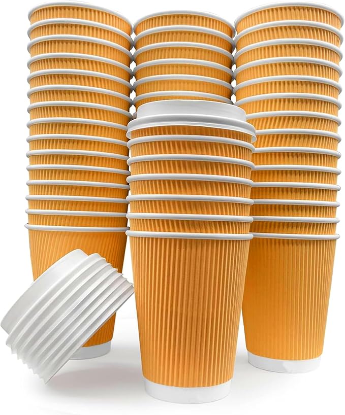 Takeaway Coffee Cups with Lids [50 Cups - 8oz] Takeaway Cups for Hot Liquids, Brown