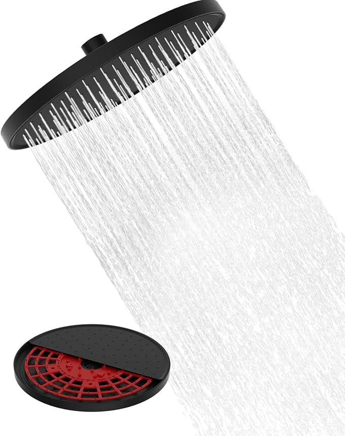 Hibbent Self-Cleaning Rainfall Shower Heads, Fixed Rainfall Shower Head 10 Inch, Round Powerful High Pressure Overhead Shower Head with self-Cleaning Mechanism, Black