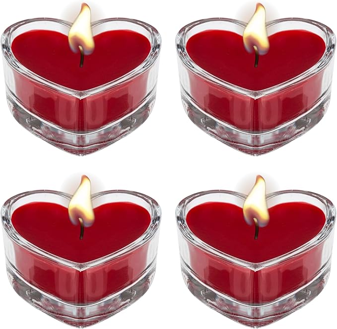 AKH® Heart Shaped Candles in Glass Jar Holder | Pack of 4 | Romantic Valentine's Day Candles, Ideal for Weddings, Home Décor, and Special Occasions | Love Heart Tea Lights | 4.5CM
