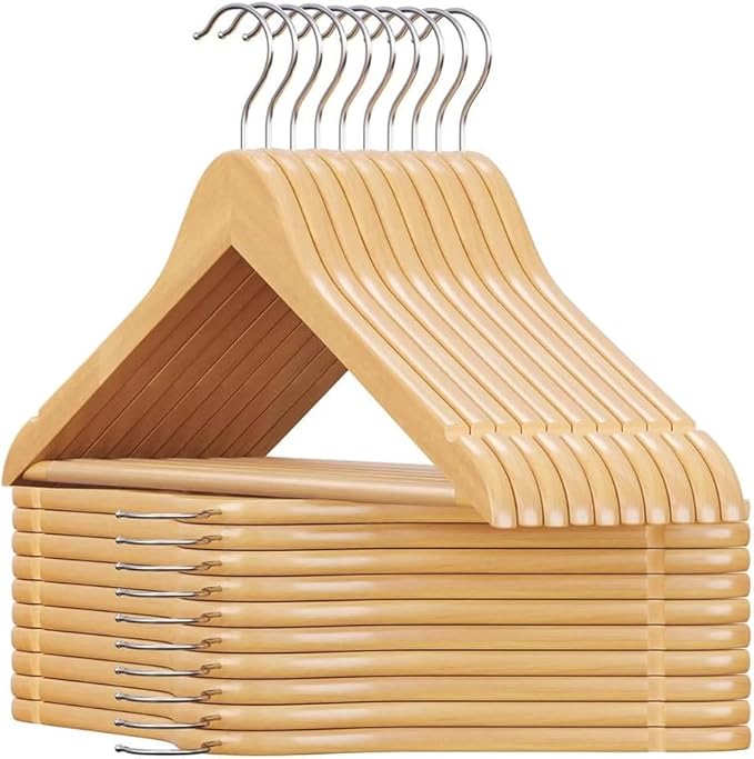 Pack of 20 Space Saver Premium Quality Wooden Coat Hangers Made with Natural Wood and Non-Slip Trouser Coat Jacket Hangers Pants Bar - Extra Strong and Smooth Finish - Strong Shoulder Notches