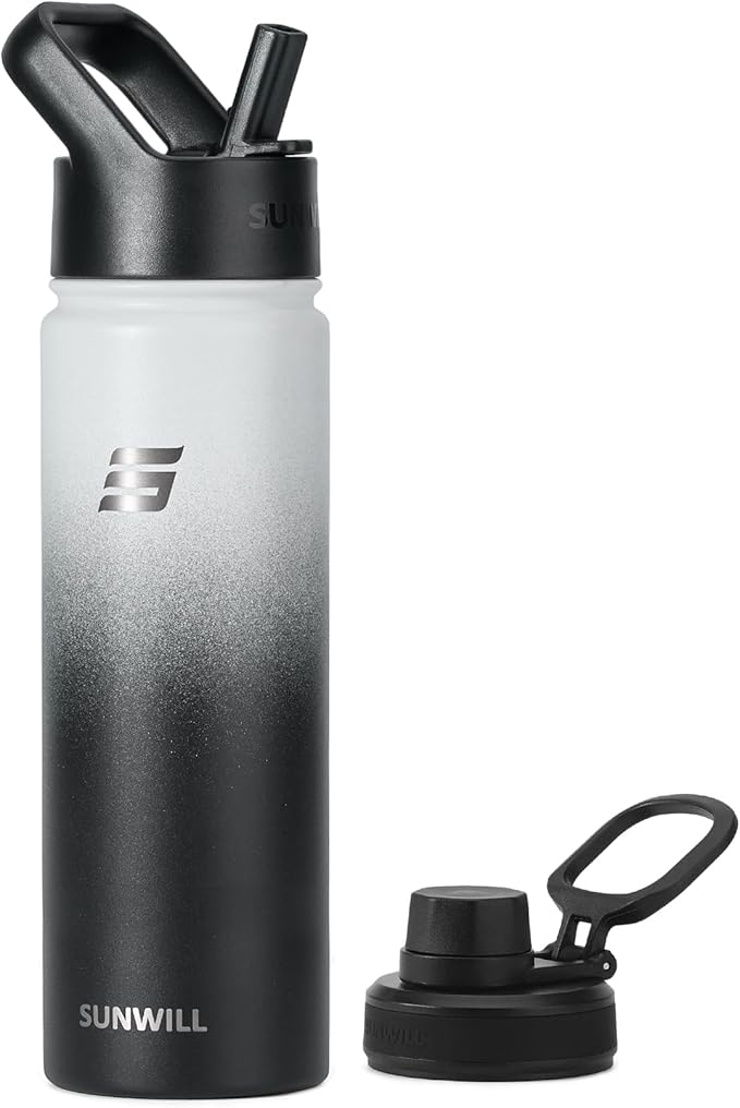 SUNWILL Stainless Steel Water Bottle with Straw, 650ml Insulated Water Bottle Metal, Leakproof Water Flask for Gym & Travel, Gradiant Black White