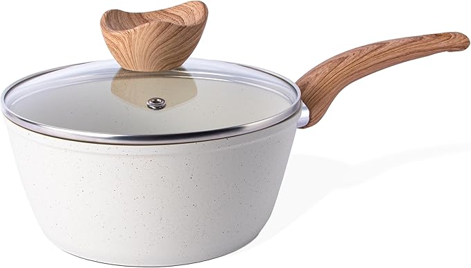 nuovva Non Stick Saucepan with Lid – Induction Small Saucepan – Cream Granite Saute Pan – Small Cooking Pot for Electric, Gas & Induction Hobs – Soup Pan - 16cm