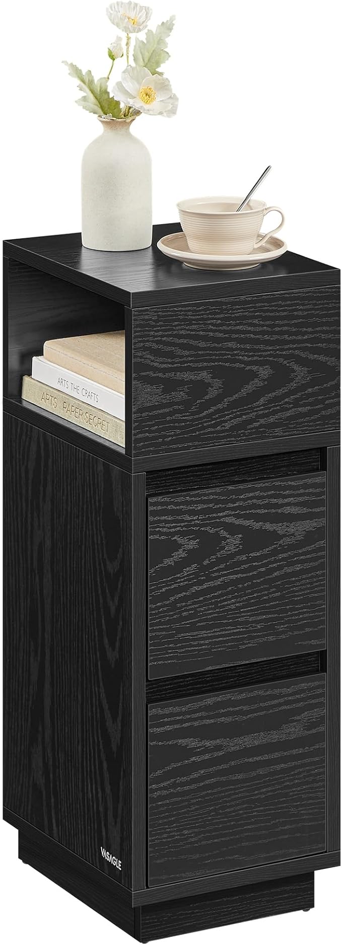 VASAGLE KAILYN Collection - Slim Bedside Table, Small Narrow Side End Table with Drawers, Flexible Open Compartment, for Bedroom, Living Room, Ebony Black LET656B56