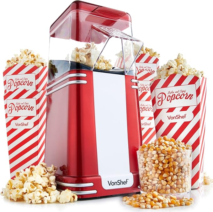 VonShef Popcorn Machine Retro – 1200W Air Popcorn Maker with Hot Air Circulation, One Touch Operation Movie Night Accessories, Healthy & Oil Free Snack Maker for Kids with 6 Boxes – Red