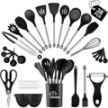 38 Pieces Kitchen Utensils Set, BEWOS Silicone Cooking Utensils Set with Spatula, Utensil Holder and Measuring Spoons, Nonstick Heat Resistant, Black Kitchen Gadgets, Stainless Steel Handle