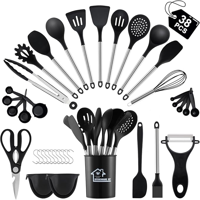 38 Pieces Kitchen Utensils Set, BEWOS Silicone Cooking Utensils Set with Spatula, Utensil Holder and Measuring Spoons, Nonstick Heat Resistant, Black Kitchen Gadgets, Stainless Steel Handle