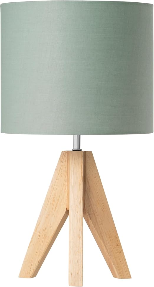 EDISHINE 36cm Bedside Lamp, Wood Tripod Table Lamp with Bean Green Linen Lampshade, ON/Off Switch, Desk Lamp for Living Room Bedroom, E27 Base, 2700K LED Bulb Included