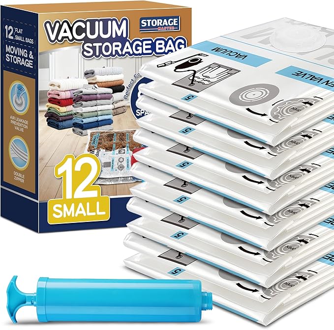 Storage Master Space Saver Bags for Travel and Home Reusable Vacuum Storage Bags Save 80% More Storage Space Work with Vacuum Cleaner (12 Small with Hand Pump)