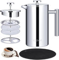 Cafetiere French Press Coffee Maker with Capacity of 1000ml / 8 Cup Double Walled Insulated Coffee Press for Ground Coffee at Home Travel Large Caffettiera Gift Set for Woman Man Silver Color