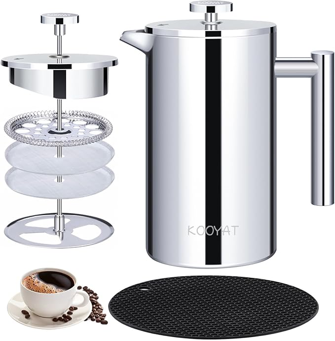 Cafetiere French Press Coffee Maker with Capacity of 1000ml / 8 Cup Double Walled Insulated Coffee Press for Ground Coffee at Home Travel Large Caffettiera Gift Set for Woman Man Silver Color