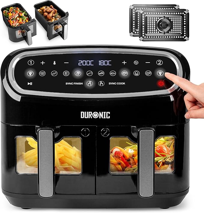 Duronic AF24 Dual Air Fryer, 10L Large Capacity Digital Air Fryer with Dual Zone Baskets, 10 Cooking Presets, Sync Cook & Finish, 2400W Fast Cooking, Viewing Window, Dishwasher-Safe – Family Size