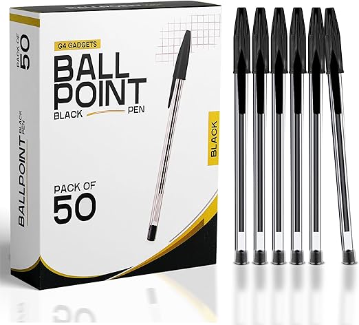 G4GADGET Pack of 50 Black Pens - Medium Tip Fluent Smooth Writing Black Biro Ballpoint Pens