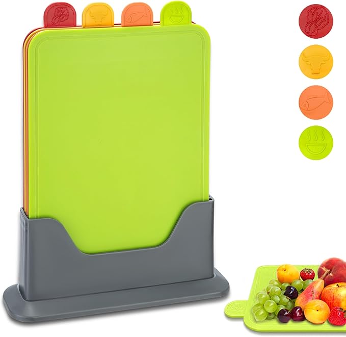 Hunnycook 4PCS Colour Coded Chopping Boards Set, Durable, Scratch-Resistant, Anti-Slip and Dishwasher Safe(28×20×0.3cm) Chopping Boards for Kitchens, PP Plastic Chopping Board with Storage Stand