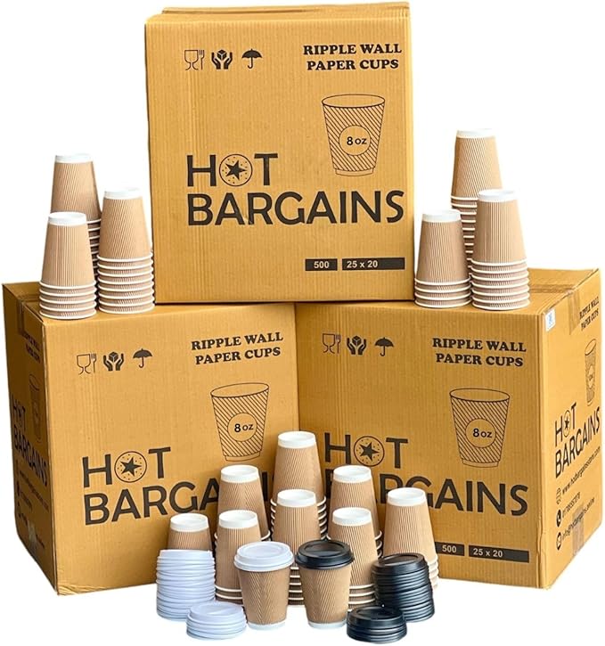 HOT BARGAINS - Kraft Triple Walled Disposable Paper Ripple Cups - 200 X 8oz/ 230ml, Hot Drink Cups + Reusable Lids