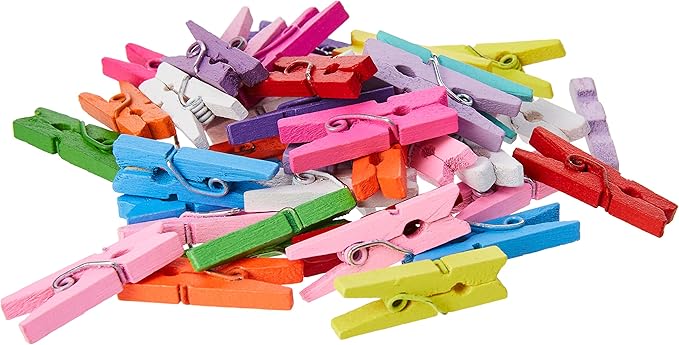 SHATCHI 100 Wooden Mini Clothes Pegs Arts & Crafts Mini Clips Natural Scrapbooking Photo Small Crafts Weddings Parties Baby Showers Photos 25mm Assorted Coloured