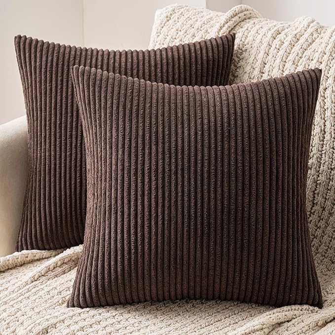 MIULEE Set of 2 Striped Corduroy Square Throw Pillow Case Soft Cushion Covers Sham Home for Sofa Couch/Bedroom Decorative Fluffy Large Pillowcases 16x16 Inch 40x40cm Chocolate
