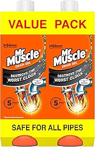 Mr Muscle Drain Unblocker, Sink & Drain Cleaner (2 x 1L) Fast Acting Heavy Duty Drain Gel, Dissolves Clogs, Works 3x Better Than Bleach, Safe for All Pipes, Duo Pack