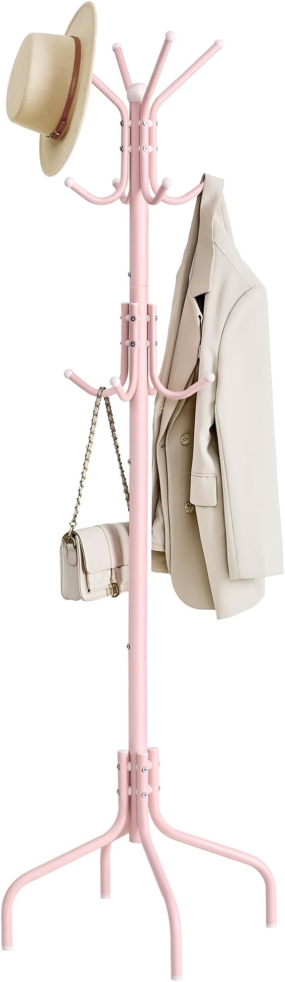 SONGMICS Coat Stand, Metal Coat Rack with 12 Hooks, 4 Legs, Hang Coats, Jackets, Hats, Bags, for Hallway Bedroom Office, Jelly Pink RCR031R01