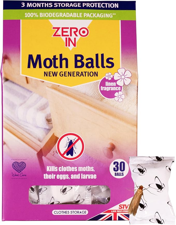 Zero In New Generation Moth Balls - Effective Moth Killer for Wardrobes - Up To 3-Months Protection - Advanced Transfluthrin Formula - For Drawers, and Storage Bags - 30 Pack