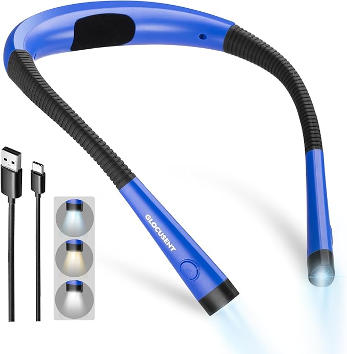 Glocusent LED Neck Reading Light, Book Light for Reading in Bed, 3 Colors, 6 Brightness Levels, Bendable Arms, Rechargeable, Long Lasting, Perfect for Reading, Knitting, Camping, Repairing (Blue)