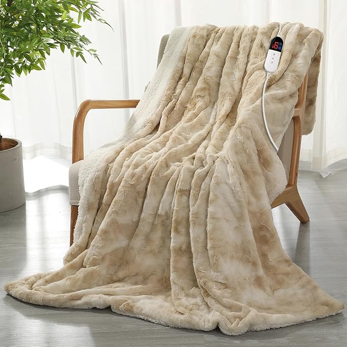 Heated Blanket Soft Plush Electric Blanket 130x180cm Tie Dye PV Fleece Heated Throw Blanket White 6 Heat Settings & 10 Hours Auto-off Timer, Overheat Protection, Machine Washable, Milky-White