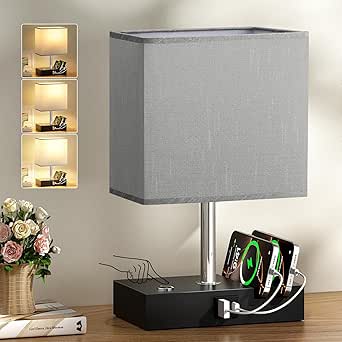 Grey Touch Lamp, Table Lamp with 2 USB Charging Station, Black Metal Base (Bulb Included)
