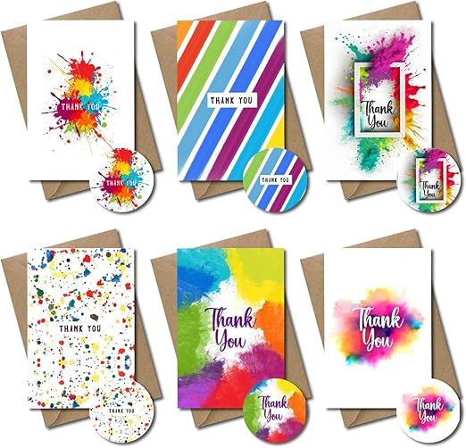 24-Pack Thank You Cards Multipack with Envelopes and Free Stickers - Blank Watercolor Greeting Cards for Weddings, Teachers, Kids, Baby Showers, Christmas, and Birthdays