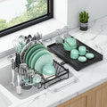 Dish Drying Rack, Expandable Rustproof Sink Dish Rack with Drainboard, Over Sink Dish Drainer for Kitchen Counter with Utensil Holder & Cup Rack, Space Saving Dish Dryer Rack for Inside Sink