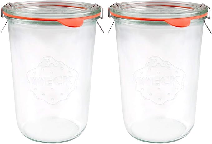 X2 WECK 743 850ml Wide Mouthed Storage Jars Including Glass Lids, Seals & Clamps For Sourdough, Preserving, Canning, Yoghurt, Kimchi, Jam