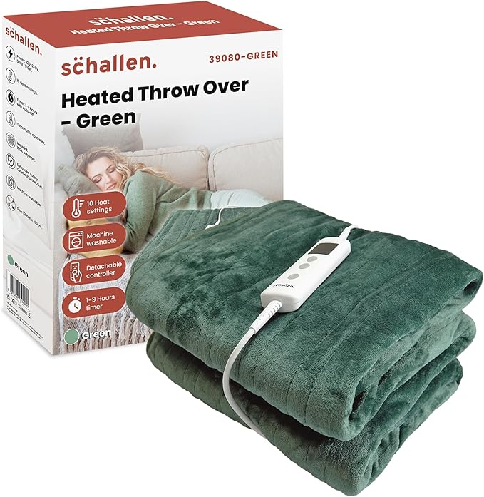 Schallen 120x160cm Soft Heated Warm Throw Over Blanket with Timer and 10 Heat Settings (Forest Green)