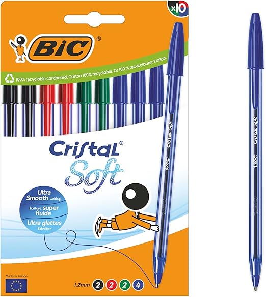Bic Cristal Soft Ballpoint Pens Medium Tip (1.2 mm) with Easy Glide Ink – Assorted Colours, Box of 10