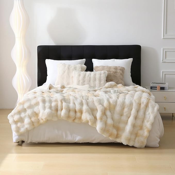 Faux Rabbit Fur Luxury Plush Sherpa Throw Blanket Reversible Fuzzy Warm Cozy Fluffy Fur Blanket for Bed Sofa Couch Home Decor (Beige Tie-dyed, 150 * 200cm)