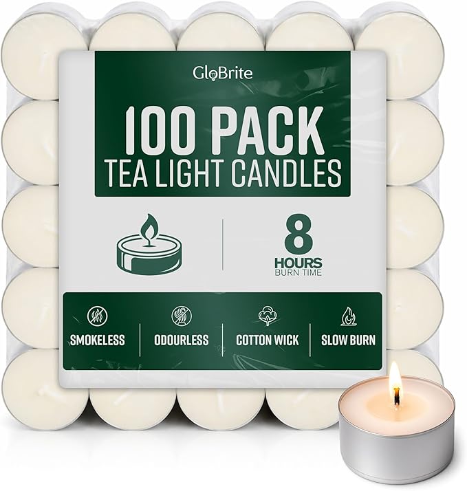 GloBrite Unscented Tea Lights – 8 Hour Burn Tealight Candles – Long Burning Tea Lights for Home, Events & Decorative Use (Pack of 100)