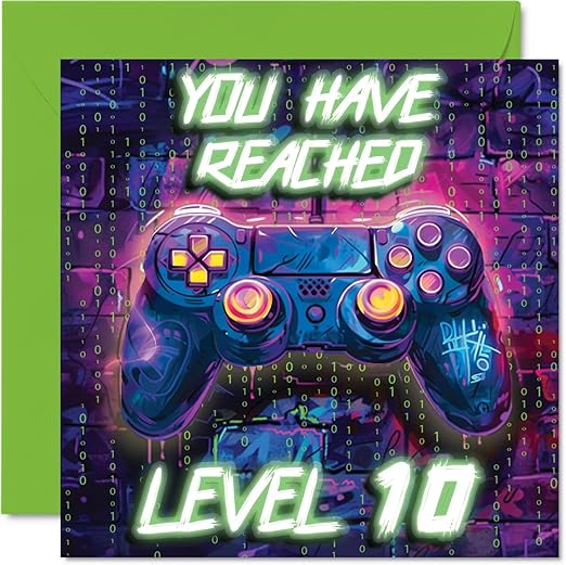 10th Birthday Cards for Boys - Neon Video Gamer - Happy Birthday Card for 10 Year Old Boy Grandson Nephew Cousin Brother, 145mm Bday Greeting Cards