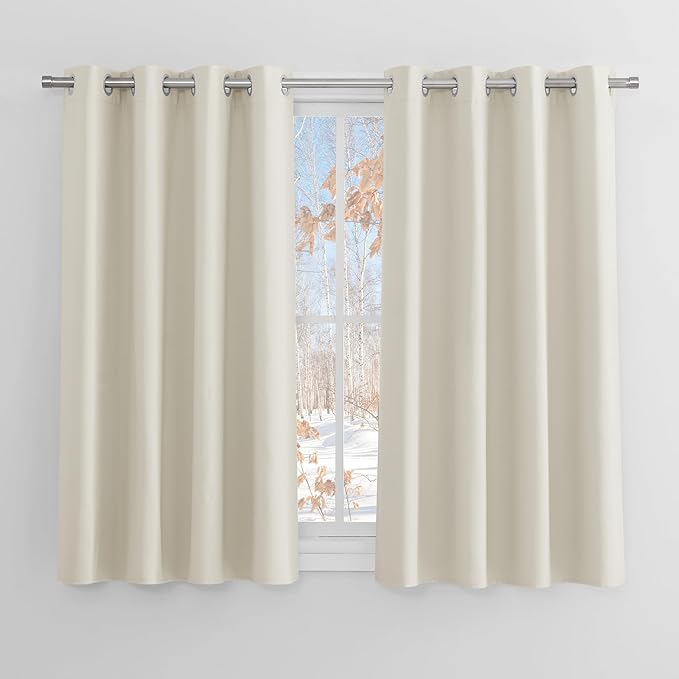 PONY DANCE Beige Thermal Insulated Curtains with Eyelet - Energy Saving Light Filtering Curtains 54 Drop for Bedroom/Kitchen/Living Room Short Windows, W46 X L54, 1 Pair[Energy Class A+]