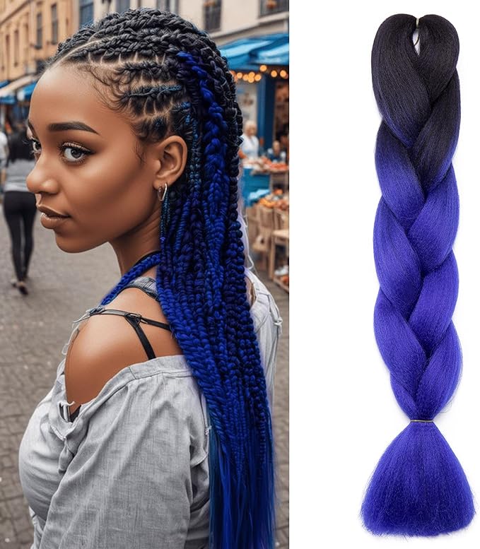 Benehair Braid Extensions 24 Inches Ombre Jumbo Braiding Hair Colorful Synthetic Hair Extensions for Braiding Black/Dark Blue Hair Extensions for Women(Black/Dark Blue, 100g)
